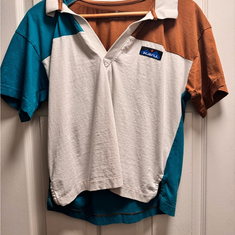 KAVU Kids Colorblock Polo Shirt - White, Brown, and Blue